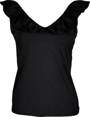 Lalipop Design Sleeveless Black Blouse With Ruffled V-Neck