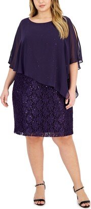 Plus Size Sequined-Lace Cape-Overlay Dress