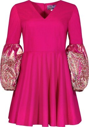 Manimekala Hot Pink Mini Dress With Metallic Puff Sleeves