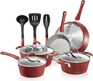 Kitchenware Pots & Pans - Stylish Kitchen Cookware Set with Elegant Lines Pattern, Gray Inside & Red Outside, Non-Stick