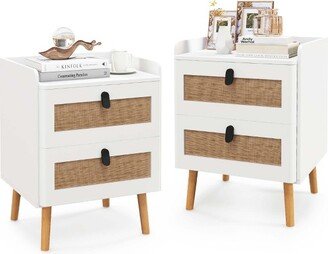 2 PCS Modern Nightstand End Bedside Table with 2 Rattan Drawers & Solid Wood Legs