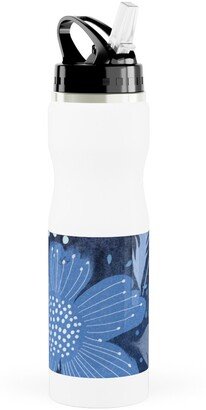 Photo Water Bottles: Shibori Flower Abundance - Blue Stainless Steel Water Bottle With Straw, 25Oz, With Straw, Blue