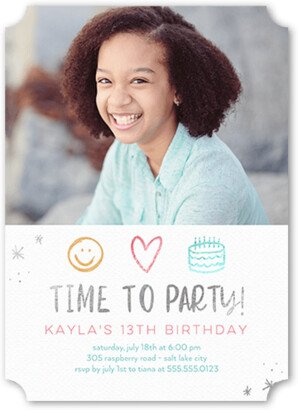 Girl Birthday Invitations: A Time To Party Birthday Invitation, White, 5X7, Signature Smooth Cardstock, Ticket