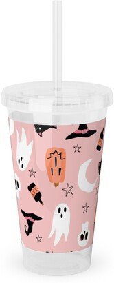 Travel Mugs: Sweet Halloween Pumpkin, Witch, Ghost, Cat Acrylic Tumbler With Straw, 16Oz, Pink