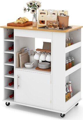 Kitchen Island with Storage Rolling Kitchen Cart with Towel Rack Storage Cart on Wheels w/Bamboo Top 6-Bottle Wine Rack Spice Rack White