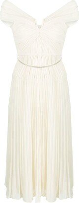 Off-Shoulder Pleated Midi Dress