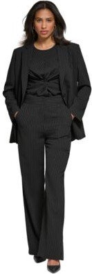 Petite Pinstripe Twist Front Top Wide Leg Pinstripe Pants One Button Notched Collar Blazer