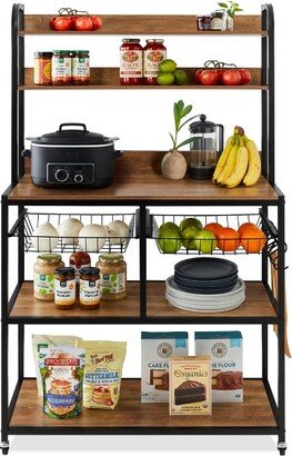 Best Choice Products 67in Counter-Height Baker's Rack w/ Locking Wheels, Adjustable Feet, 2 Wire Baskets - Brown/Black