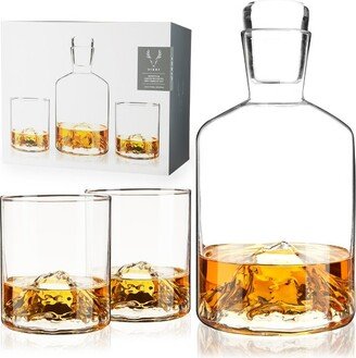 Mountain Decanter & Tumbler Gift Set, Lead-Free Crystal Barware, Set of 1 Decanter & 2 Glasses, Liquor Decanter, Whiskey Tumblers