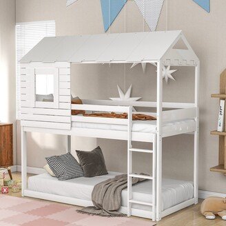 IGEMAN Twin Over Twin Bunk Bed Wood Loft Bed with Roof, Window, Guardrail, Ladder, White