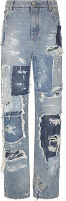 Distressed Patchwork Wide-Leg Jeans-AA