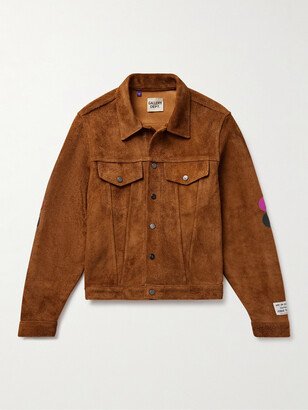 Leather-Appliquéd Suede Trucker Jacket