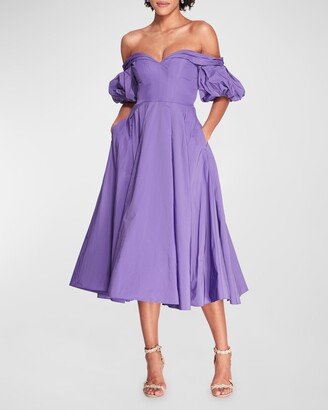 Pleated Off-Shoulder Taffeta Midi Dress