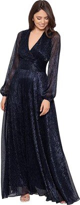 Long Sleeve V-Neck Metallic Gown (Navy/Royal) Women's Dress