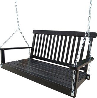 Outdoor Front Porch Swing, Wood Bench Swing with Armrests and Hanging Chains