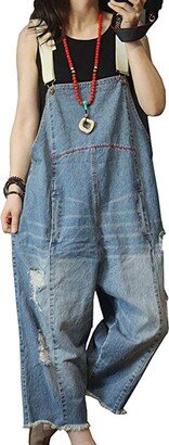 Flygo Women Jeans Cropped Pants Overalls Jumpsuits Hand Painted Poled Distressed Casual Loose Fit (Style 02 Blue-L)