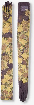 Womens Brown Floral-print Stretch-woven Gloves