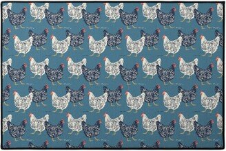 Door Mats: Farmhouse Chickens On Blue Door Mat, Blue