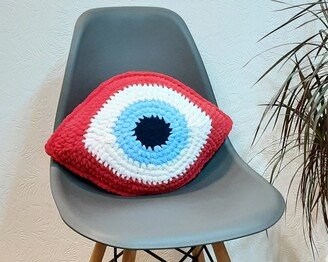 Red Evil Eye Pillow, Throw Crochet Plush Cushion, Decorative Charm Gift, Stuffed Good Luck Gift