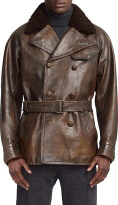 Killian Shearling-Collar Leather Double-Breasted Jacket