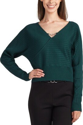 Juniors' Rhinestone-Trimmed Surplice V-Neck Sweater