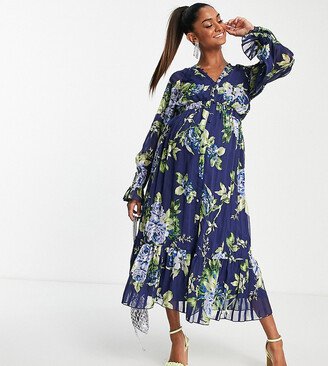 ASOS DESIGN Maternity satin stripe midi dress with blouson sleeve and button detail in navy floral print