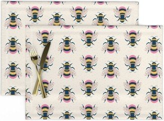 Pink Yellow Bees Placemats | Set Of 2 - Bumblebee By Rocketandindigo Summer Garden Bug Insect Wings Bee Cloth Spoonflower