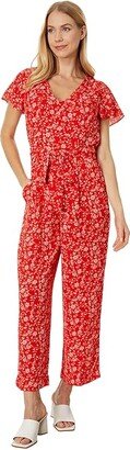 V-Neck Flutter Sleeve Jumpsuit (Fiery Red) Women's Jumpsuit & Rompers One Piece