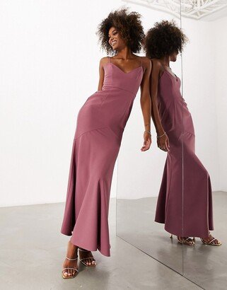 Bridesmaid crepe strappy fishtail maxi dress in orchid