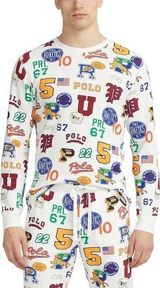 Printed Waffle Long Sleeve Crew with All Over Print (Deckwash White Letterman Toss) Men's Pajama