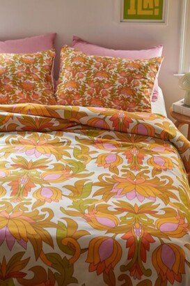 Eyestigmatic Design For Deny Orange, Pink Flowers and Green Leave 1960s Retro Vintage Pattern Duvet Cover