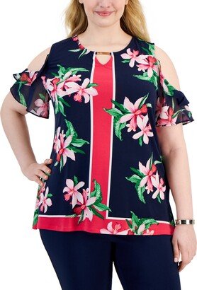 Plus Size Cold-Shoulder Chiffon-Sleeve Top, Created for Macy's