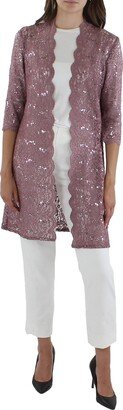 Petites Womens Lace Sequined Cardigan Top