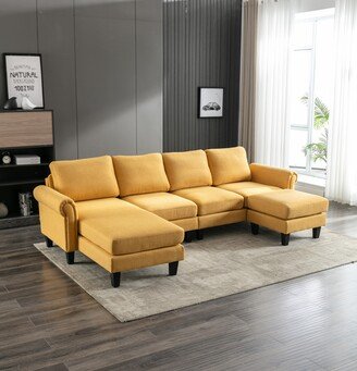 RASOO 108.66 Modern Linen Upholstered U-Shape Sectional Sofa with Foam Seat Fill for Living Room