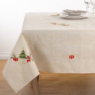 Saro Lifestyle Embroidered Christmas Tree Design Holiday Linen Blend Tablecloth, , Beige