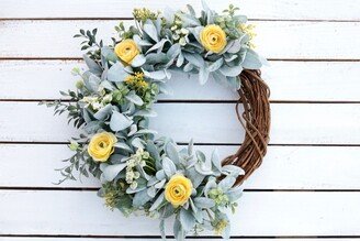 Lambs Ear Wreath With Yellow Roses, Farmhouse Wreath, Spring Summer Greenery Decor, Rustic