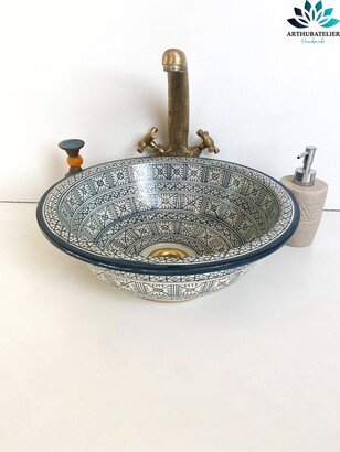 Moroccan Ceramic Sink 100% Handcrafted, Unique Washbasin Hand Painted, Round Wash Washbasin, Free Worldwide Delivery