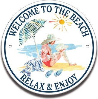 Beach Cottage Welcome Ceramic House Circle Tile, Front Door Sign, Relax & Enjoy Themed Sign