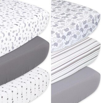 The Celestial Stars and Elephant Stripes Fitted Crib Sheets, Unisex 6-Pack Set, Grey, White