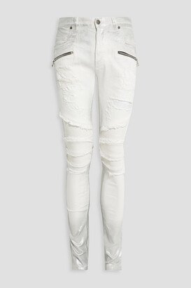 Skinny-fit distressed quilted denim jeans