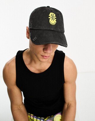 Smiley Collab soft baseball cap with rubberized logo in distressed black