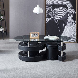 RASOO 3 Pieces Coffee Table Set, Oval Tempered Glass Table and 2 Leather Stools