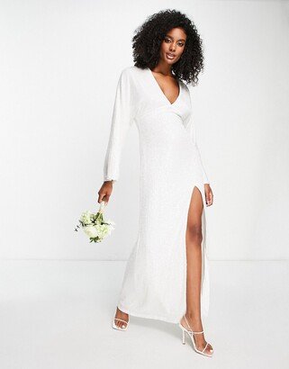 Pretty Lavish Bridal embellished thigh split maxi dress in ivory