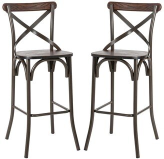 Rustic Steel Bar Stool with Solid Elm Wood Seat and Back Support, Set of 2