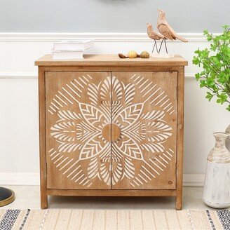 Natural Wood and White Floral 2-Door Storage Cabinet - 32.48