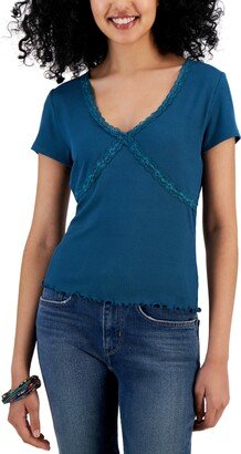 Planet Heart Juniors' Lace-Trim V-Neck T-Shirt