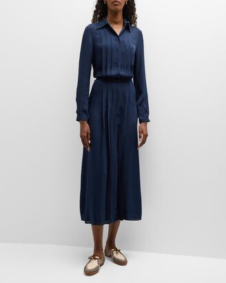 Moray Pleated Long-Sleeve Silk Maxi Shirtdress