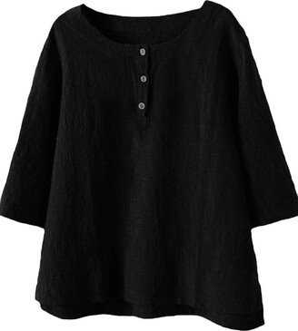 Minibee Women's 3/4 Sleeve Cotton Linen Jacquard Blouses Top T-Shirt - Black