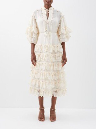 Lyre Crochet-embellished Tiered Ramie-voile Dress