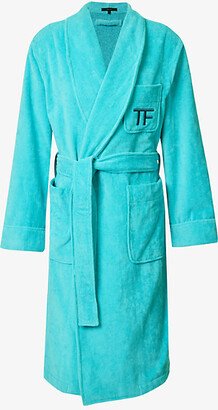 ens Turquoise Brand-embroidered Shawl-neck Relaxed-fit Cotton-terry Robe